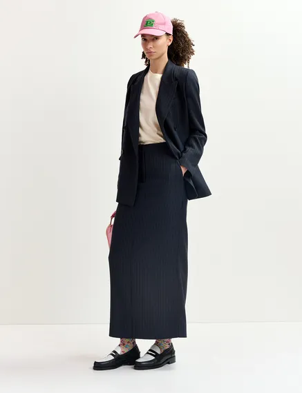 Navy blue pinstriped straight-cut maxi skirt