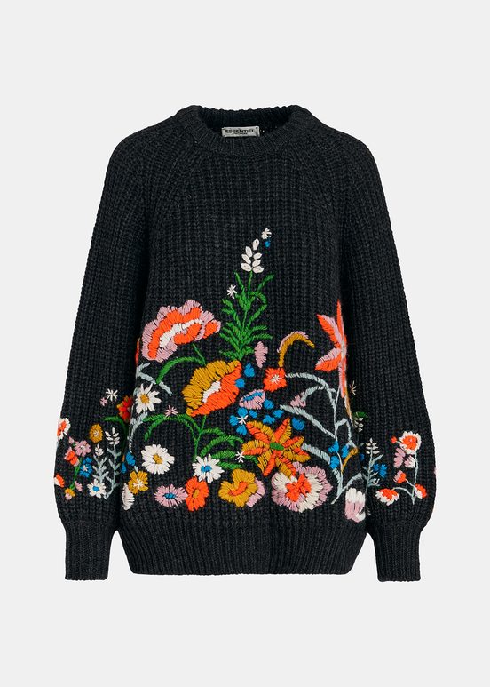 Dark grey rib-knitted sweater with floral embroideries