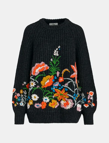 Dark grey rib-knitted sweater with floral embroideries