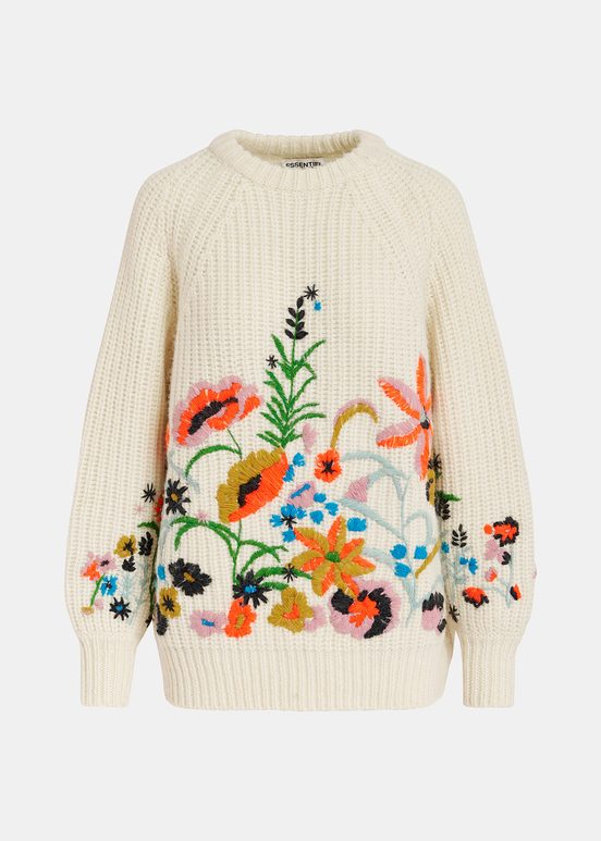 Ecru rib-knitted sweater with floral embroideries