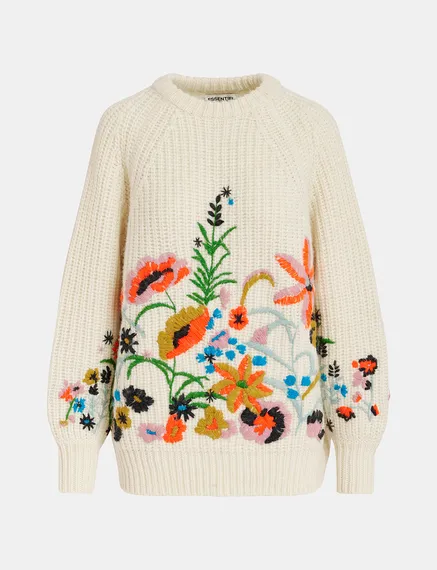 Ecru rib-knitted sweater with floral embroideries