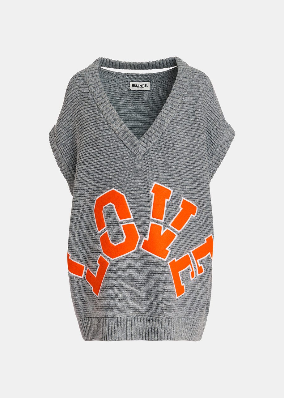 Grey sleeveless knit sweater with "love" appliqué