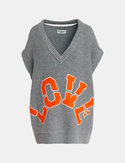 Grey sleeveless knit sweater with "love" appliqué