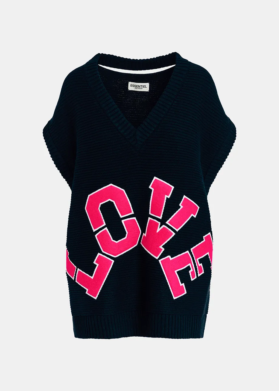 Navy blue sleeveless knit sweater with "love" appliqué