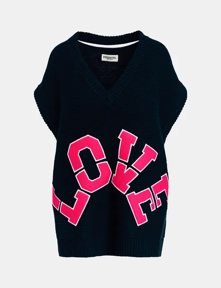 Navy blue sleeveless knit sweater with "love" appliqué