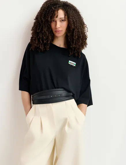 Black organic cotton cropped T-shirt with embroidery 