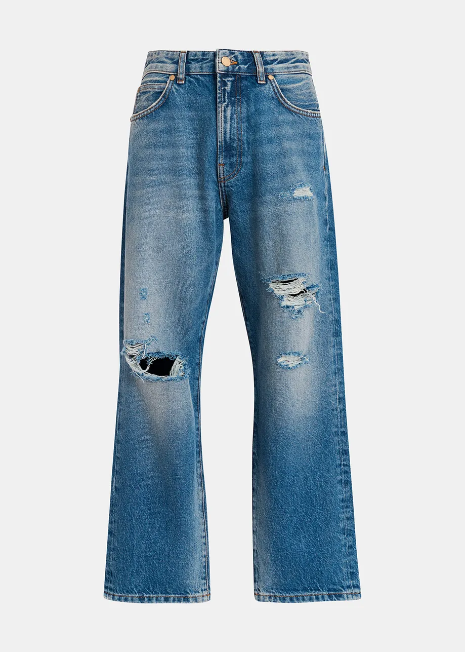 Jeans boyfriend blu con effetto usurato