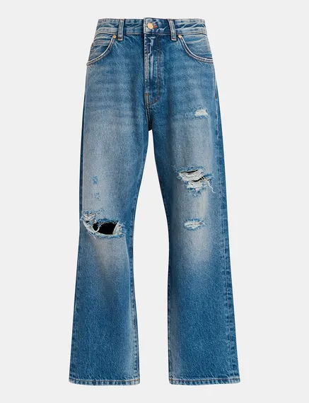 Jeans boyfriend blu con effetto usurato