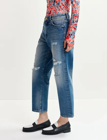 Blaue Boyfriend Jeans im Distressed Look