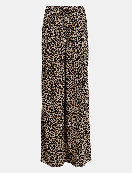 Pantaloni marroni a gamba larga con stampa leopardata