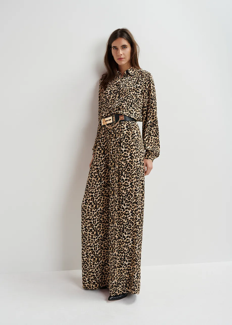 Brown wide-leg pants with leopard print