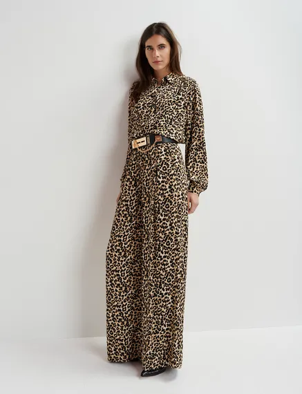 Brown wide-leg pants with leopard print