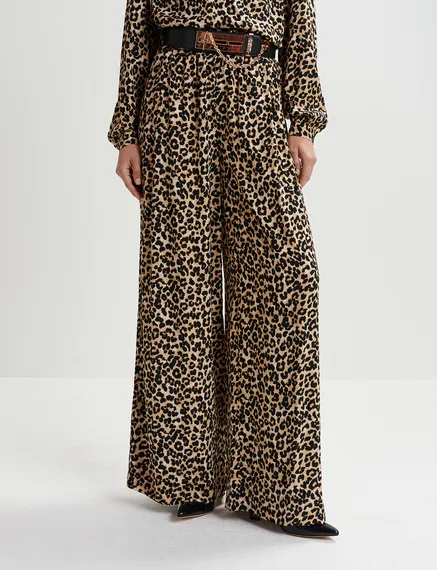 Brown wide-leg pants with leopard print