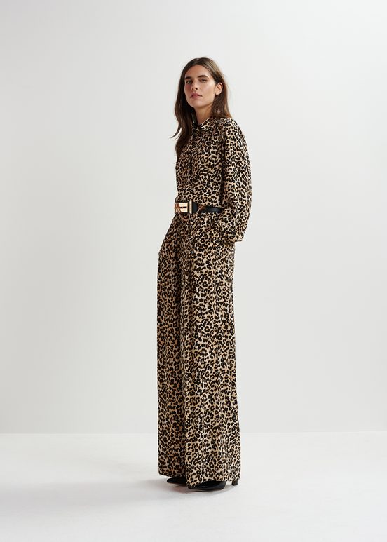 Brown wide-leg pants with leopard print