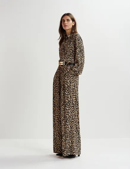 Brown wide-leg pants with leopard print