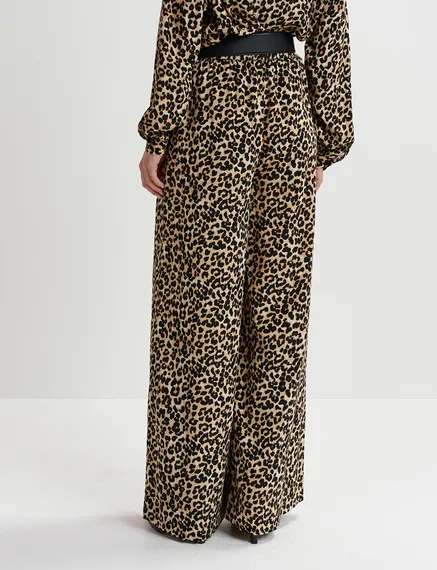 Brown wide-leg pants with leopard print