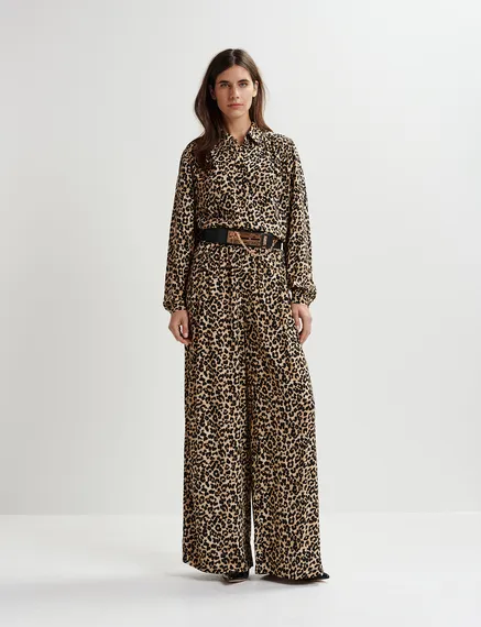 Brown wide-leg pants with leopard print