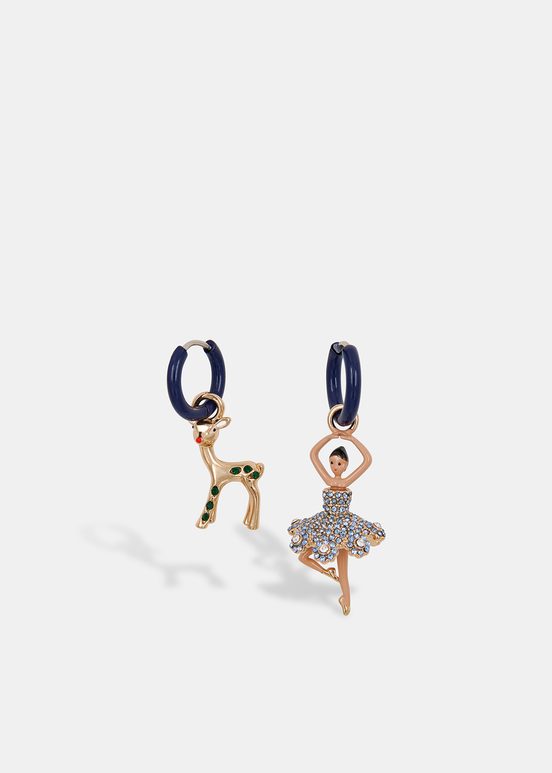 Black hoop earrings with deer and ballerina pendants