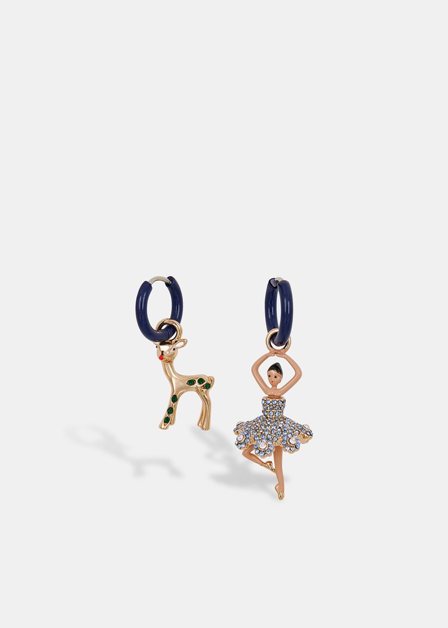 Black hoop earrings with deer and ballerina pendants