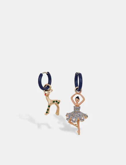 Black hoop earrings with deer and ballerina pendants