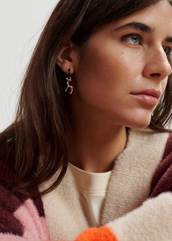 Black hoop earrings with deer and ballerina pendants