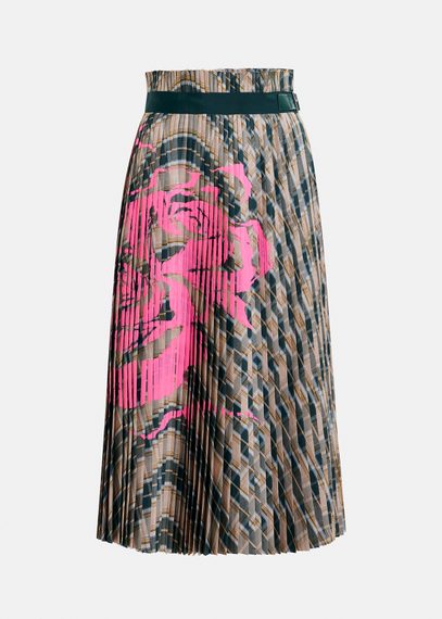 Beige and dark green checked pleated skirt with floral print