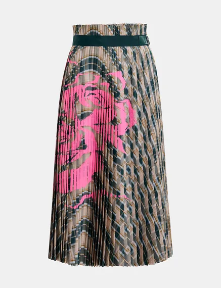 Beige and dark green checked pleated skirt with floral print