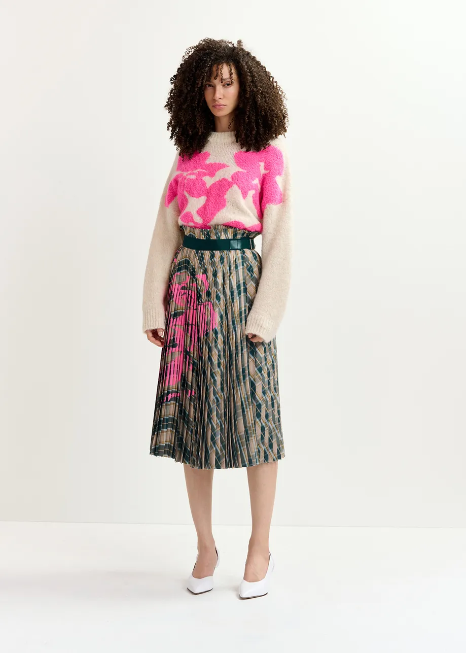 Beige and dark green checked pleated skirt with floral print