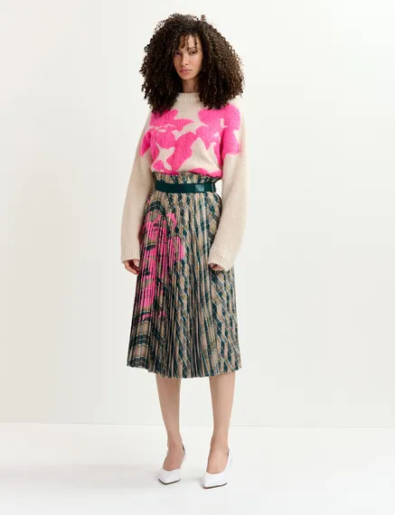 Beige and dark green checked pleated skirt with floral print