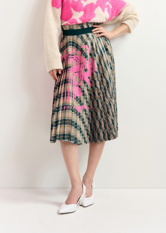 Beige and dark green checked pleated skirt with floral print