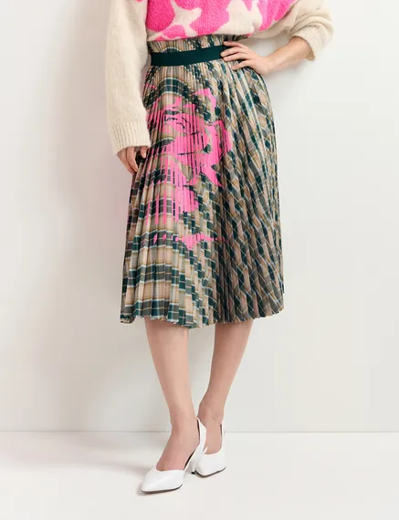 Beige and dark green checked pleated skirt with floral print