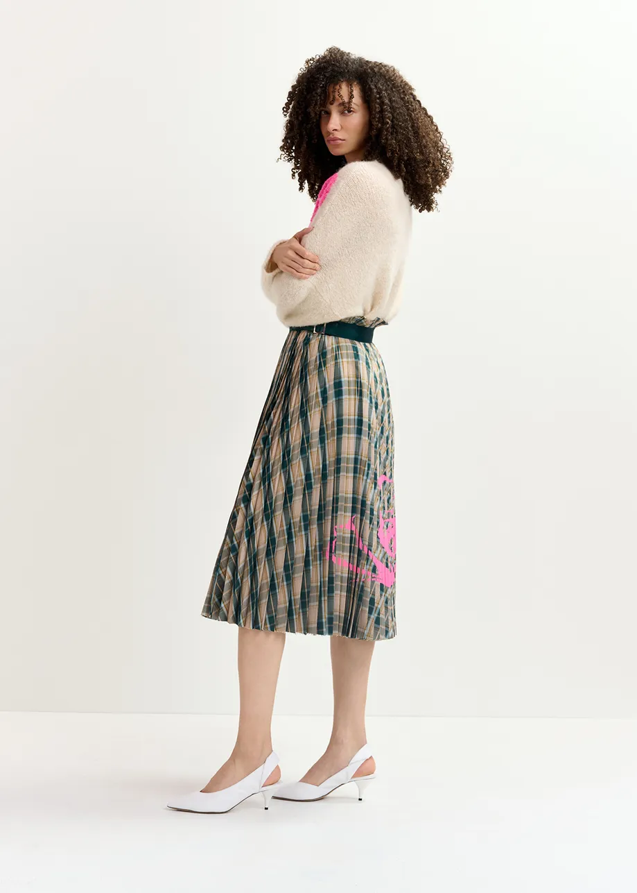 Beige and dark green checked pleated skirt with floral print