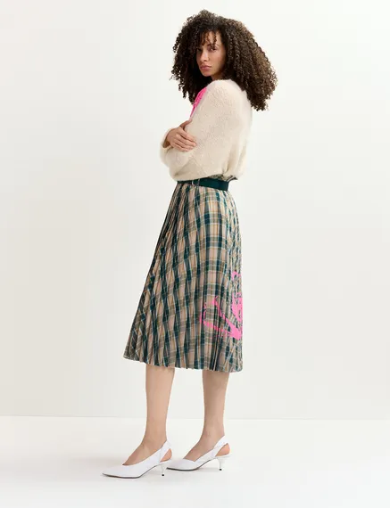 Beige and dark green checked pleated skirt with floral print