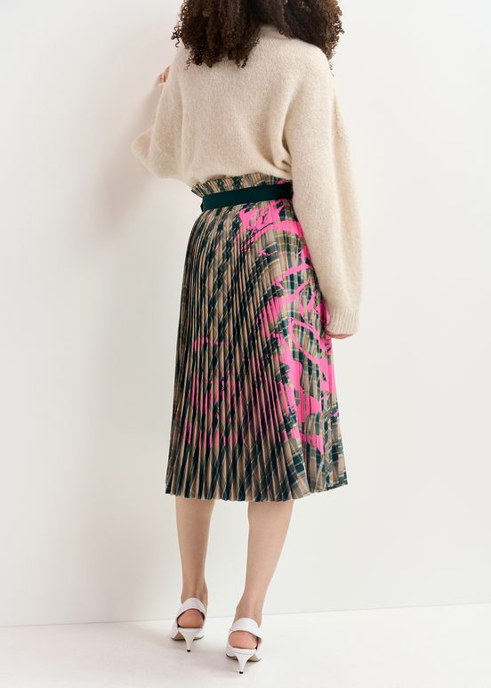 Beige and dark green checked pleated skirt with floral print