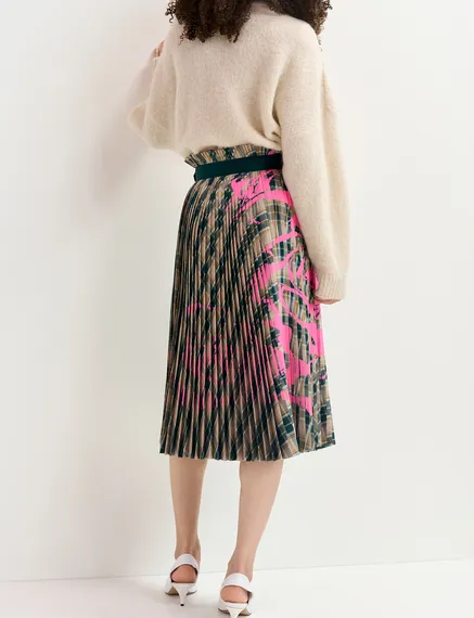 Beige and dark green checked pleated skirt with floral print