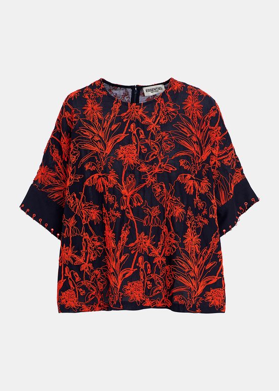 Navy blue oversized top with floral embroideries