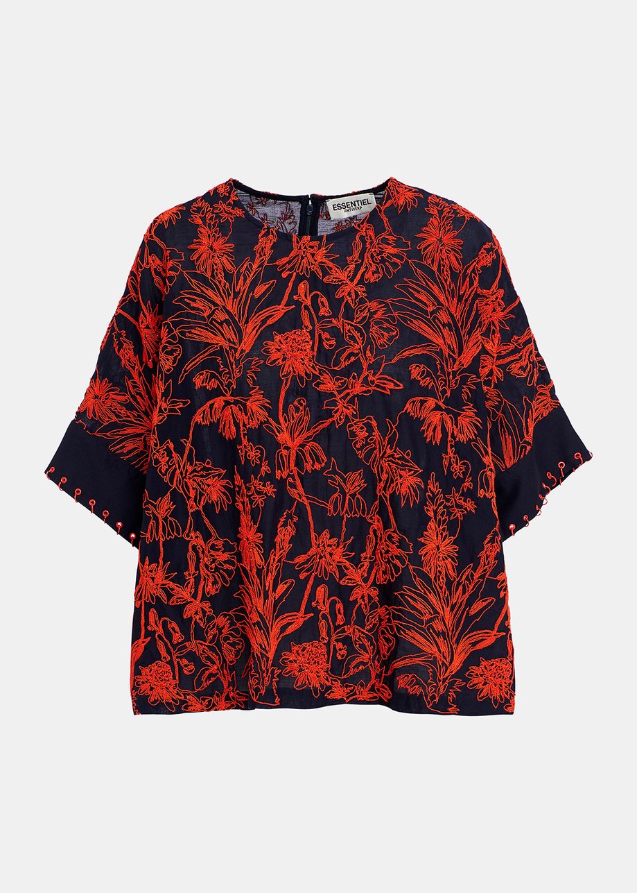 Navy blue oversized top with floral embroideries