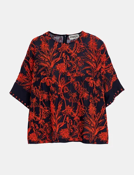 Navy blue oversized top with floral embroideries