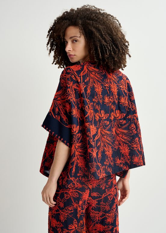 Navy blue oversized top with floral embroideries