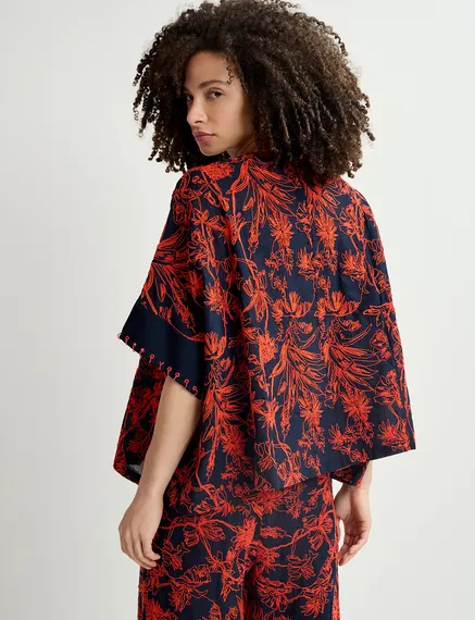 Navy blue oversized top with floral embroideries