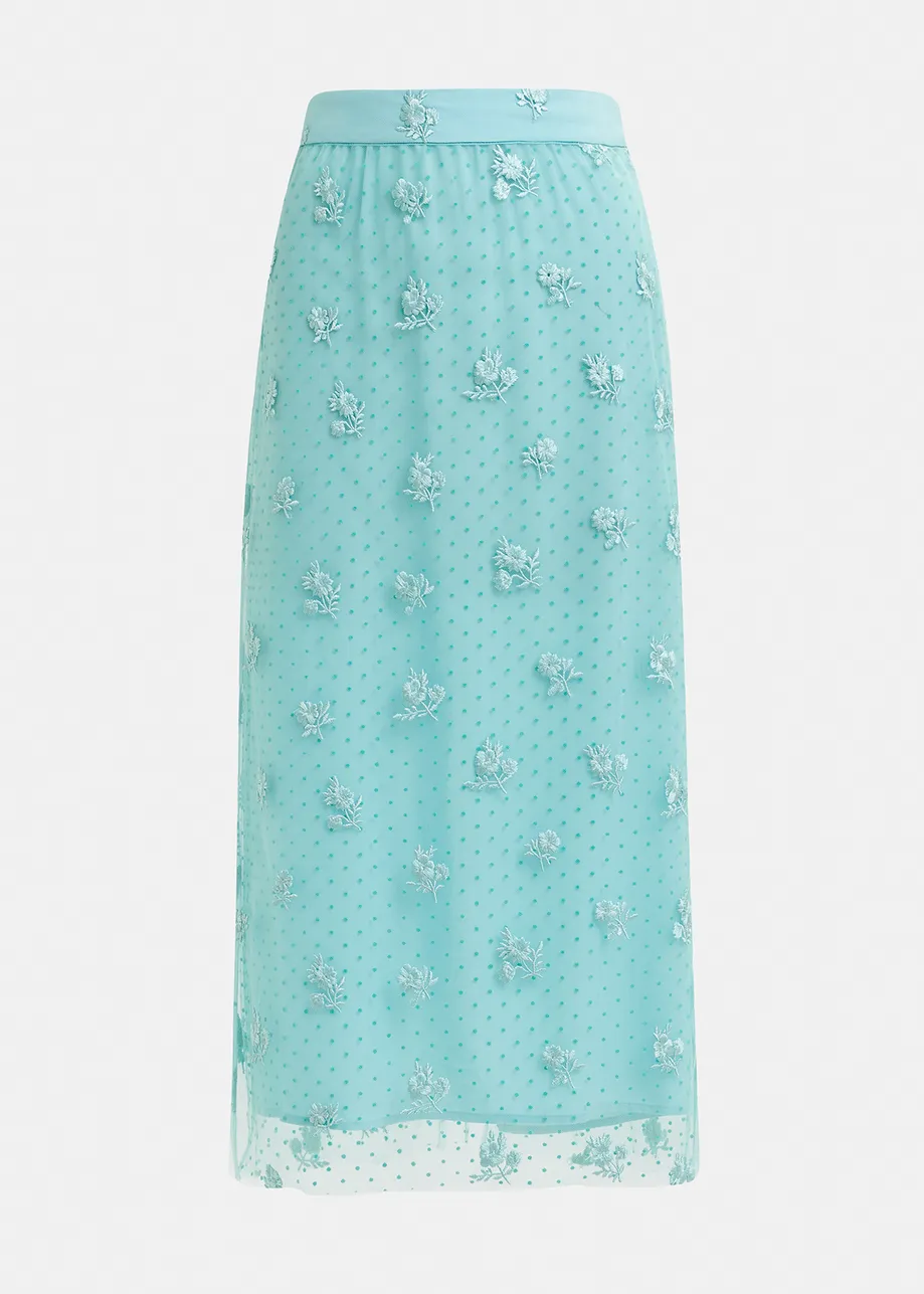 Turquoise tule midi skirt with floral embroideries