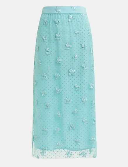 Jupe midi turquoise en tulle à fleurs brodées