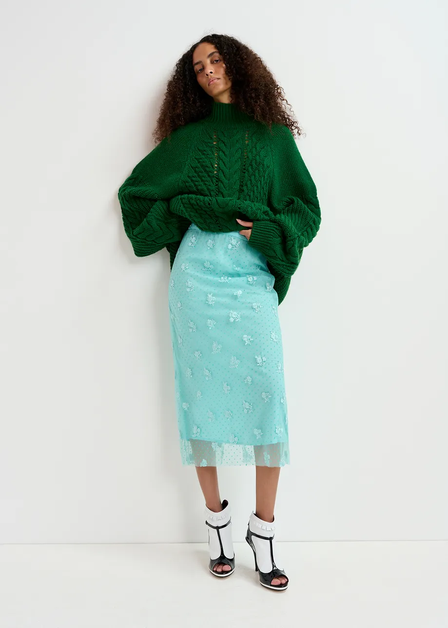 Turquoise tule midi skirt with floral embroideries