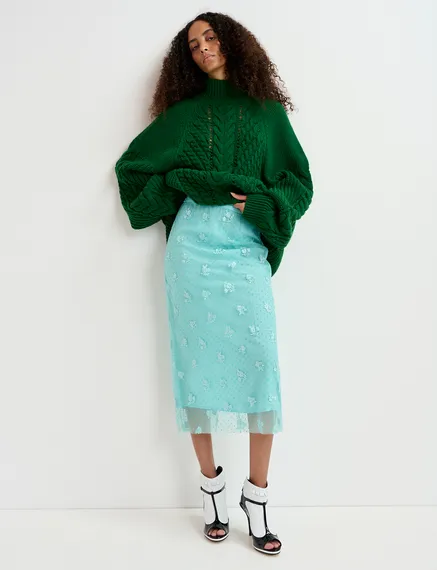 Turquoise tule midi skirt with floral embroideries