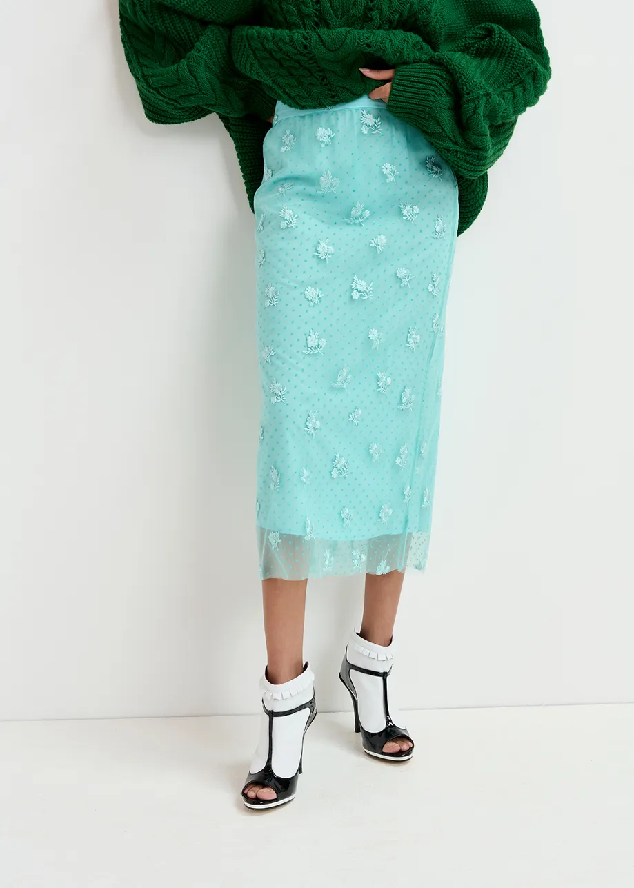 Turquoise tule midi skirt with floral embroideries