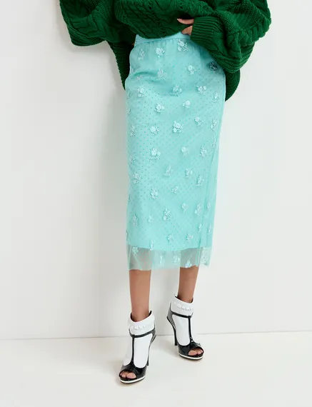 Turquoise tule midi skirt with floral embroideries