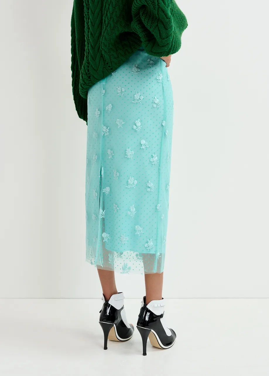 Turquoise tule midi skirt with floral embroideries