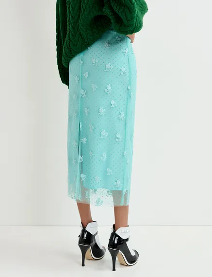 Turquoise tule midi skirt with floral embroideries