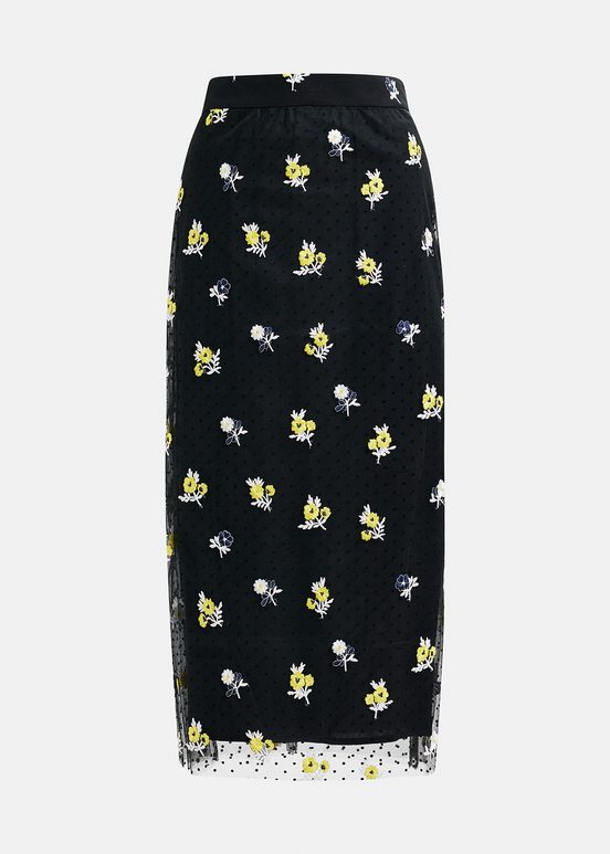 Black tule midi skirt with floral embroideries