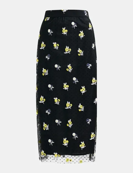 Black tule midi skirt with floral embroideries